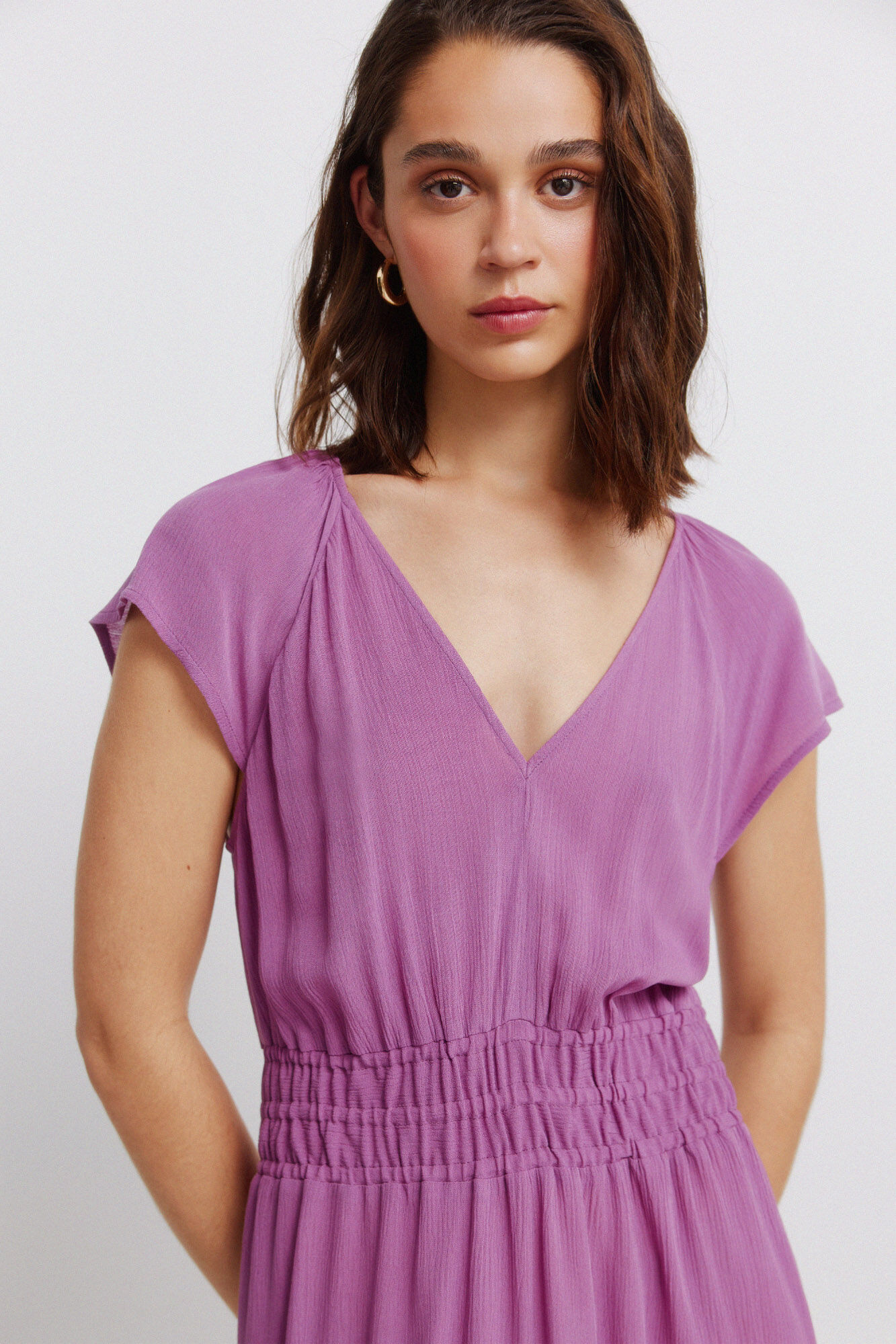 Springfield Vestido midi liso con el&aacute;stico en la cintura morado/lila