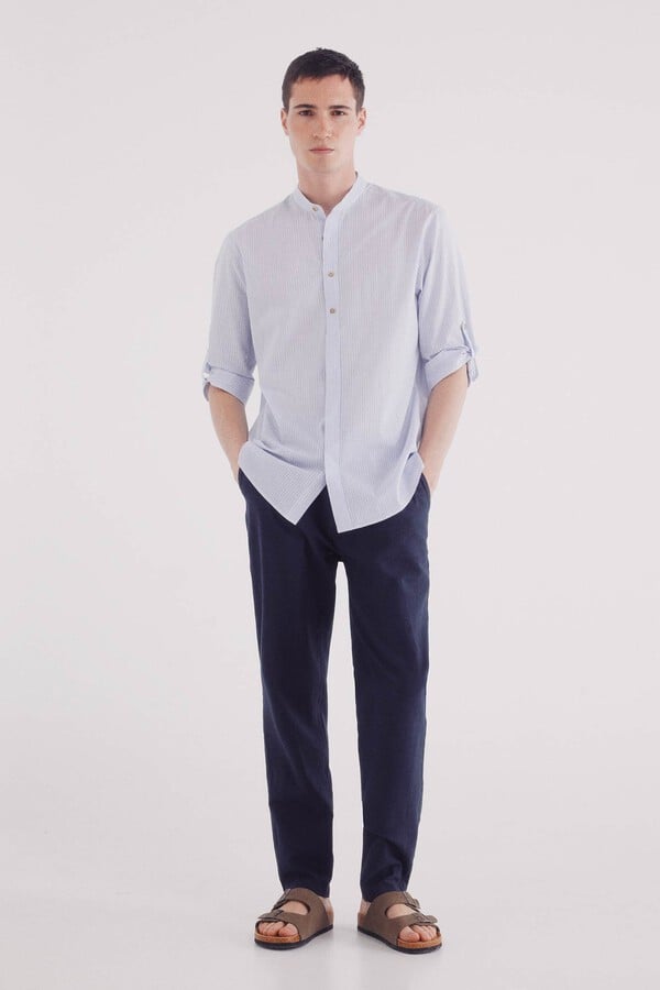 Springfield Camisa mao 3/4 seersucker rayas azul tinta