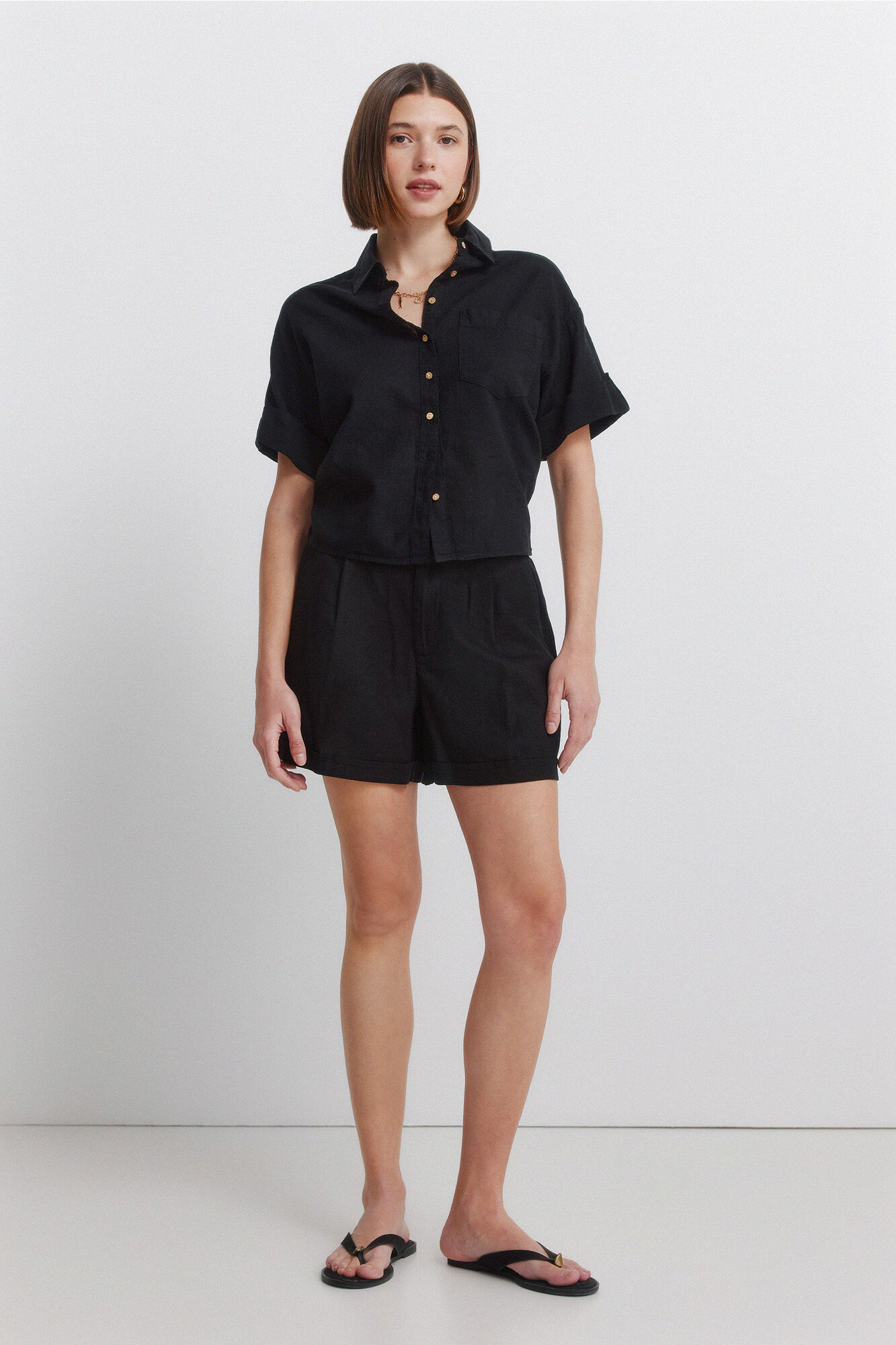 Springfield Camisa de lino de manga corta negro