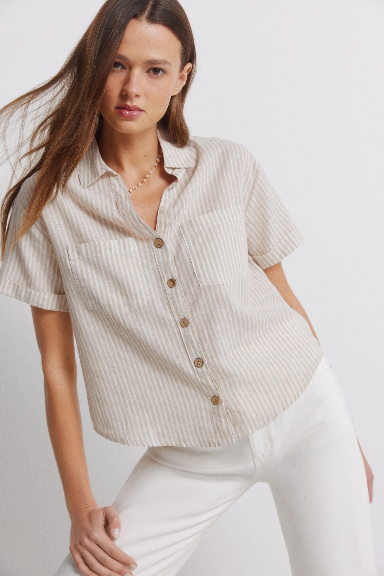 Springfield Camisa de lino de manga corta beige