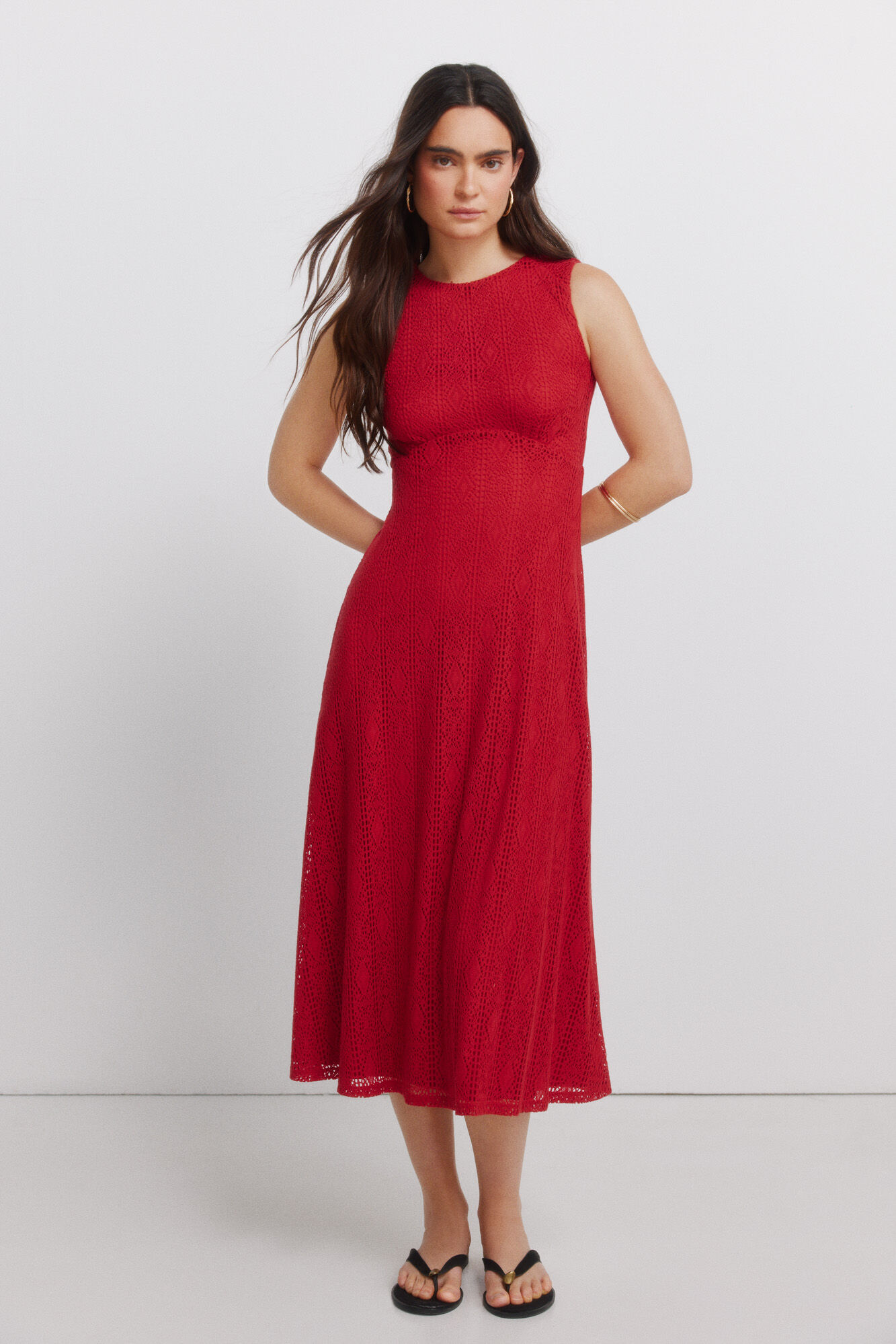 Springfield Vestido midi de tirantes bordado rojo