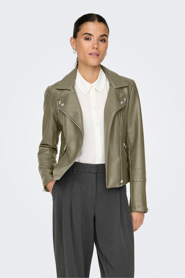 Only Chamarra biker piel vegana verde