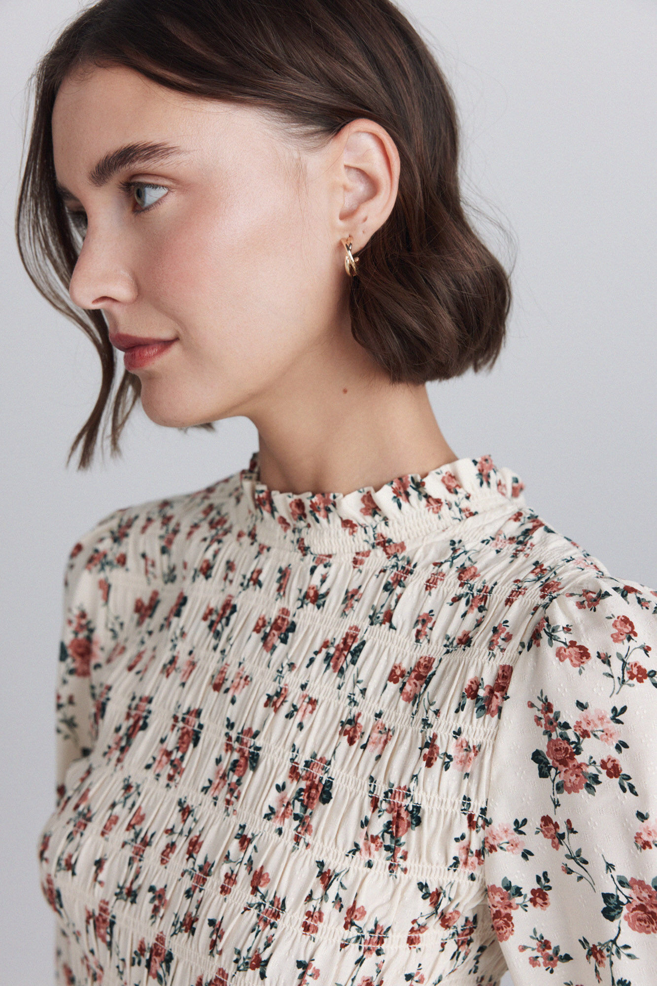 Springfield Blusa de nido de abeja con flores beige