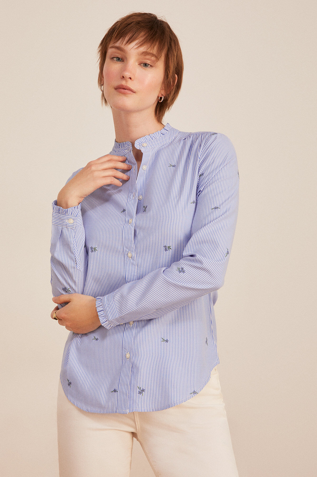 Springfield Blusa Rayas Bordados Flor azul