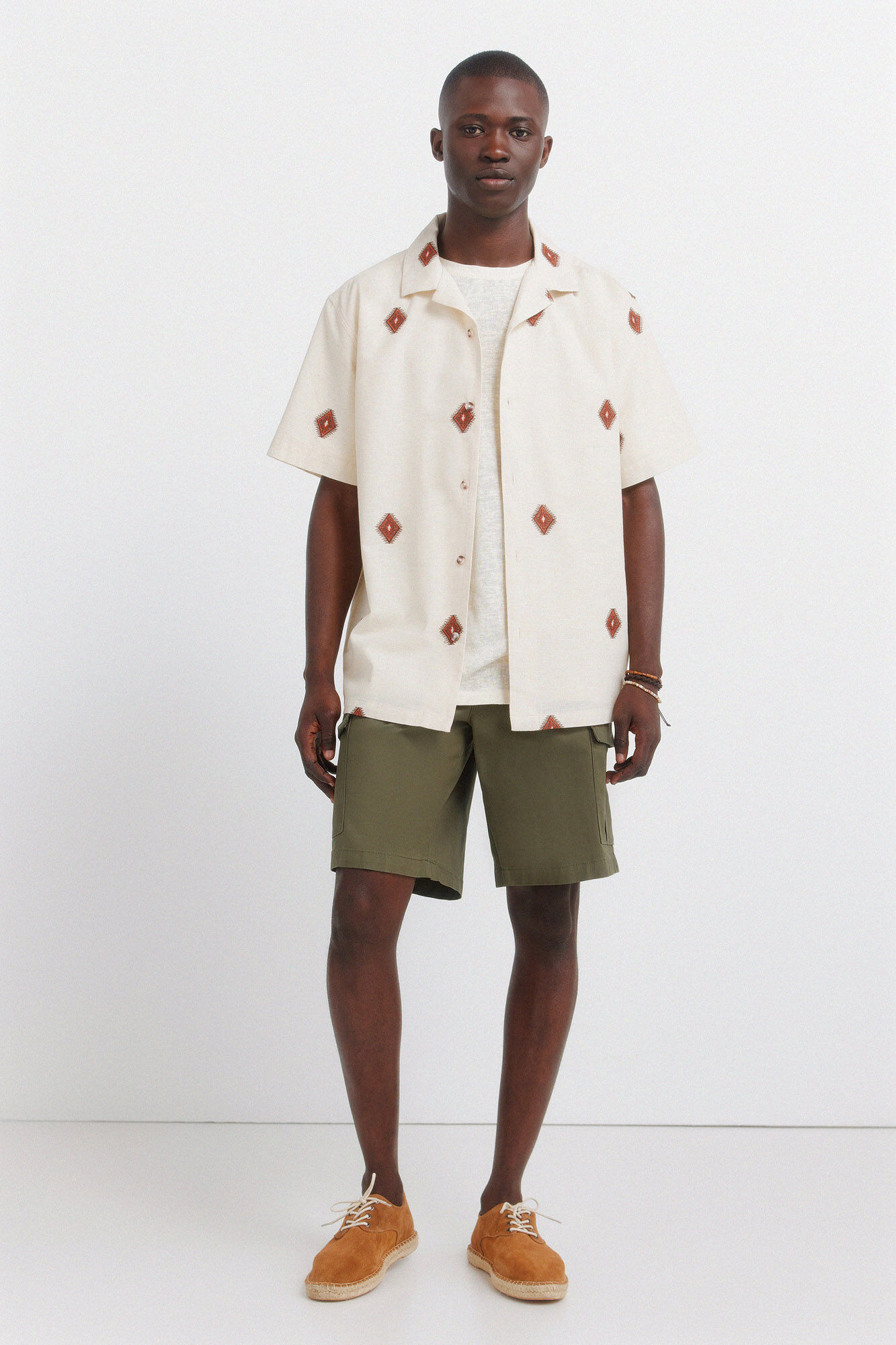 Springfield Camisa de manga corta bordada beige