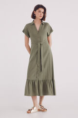 Springfield Vestido midi camisero cinturón lino kaki