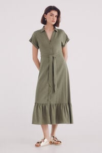 Springfield Vestido midi camisero cinturón lino kaki