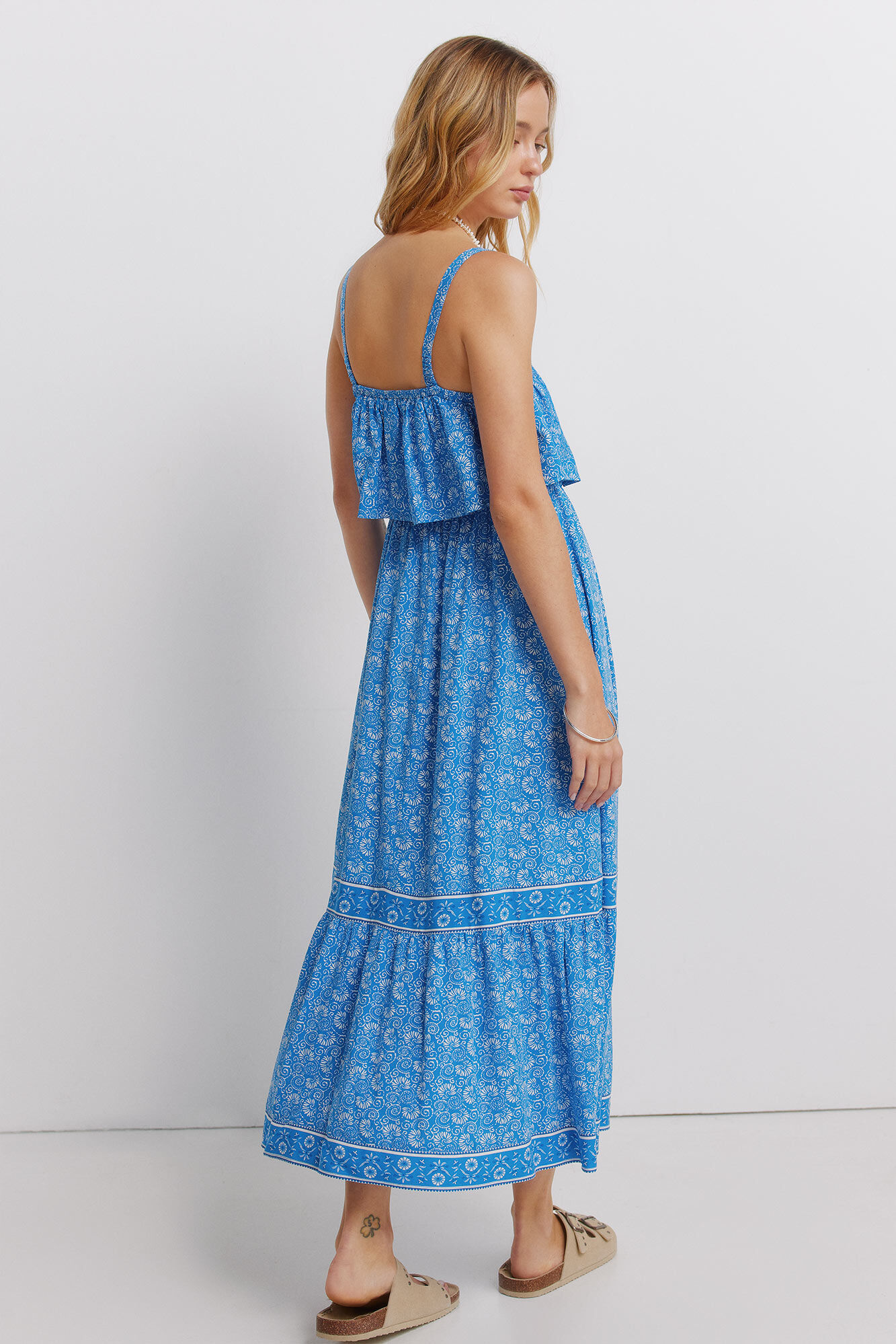 Springfield Vestido midi de tirantes con volantes azul