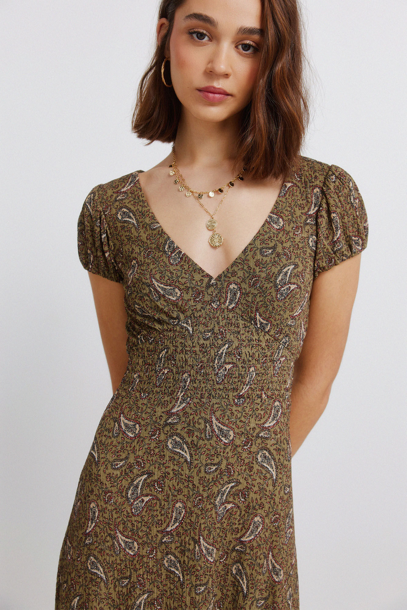 Springfield Vestido midi estampado cenefa kaki