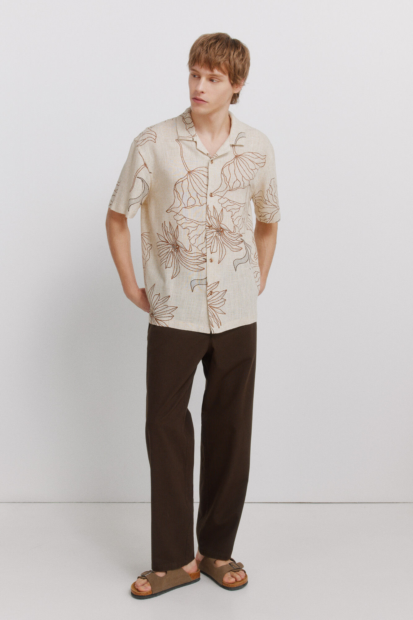 Springfield Camisa de manga corta estampada de lino y viscosa beige