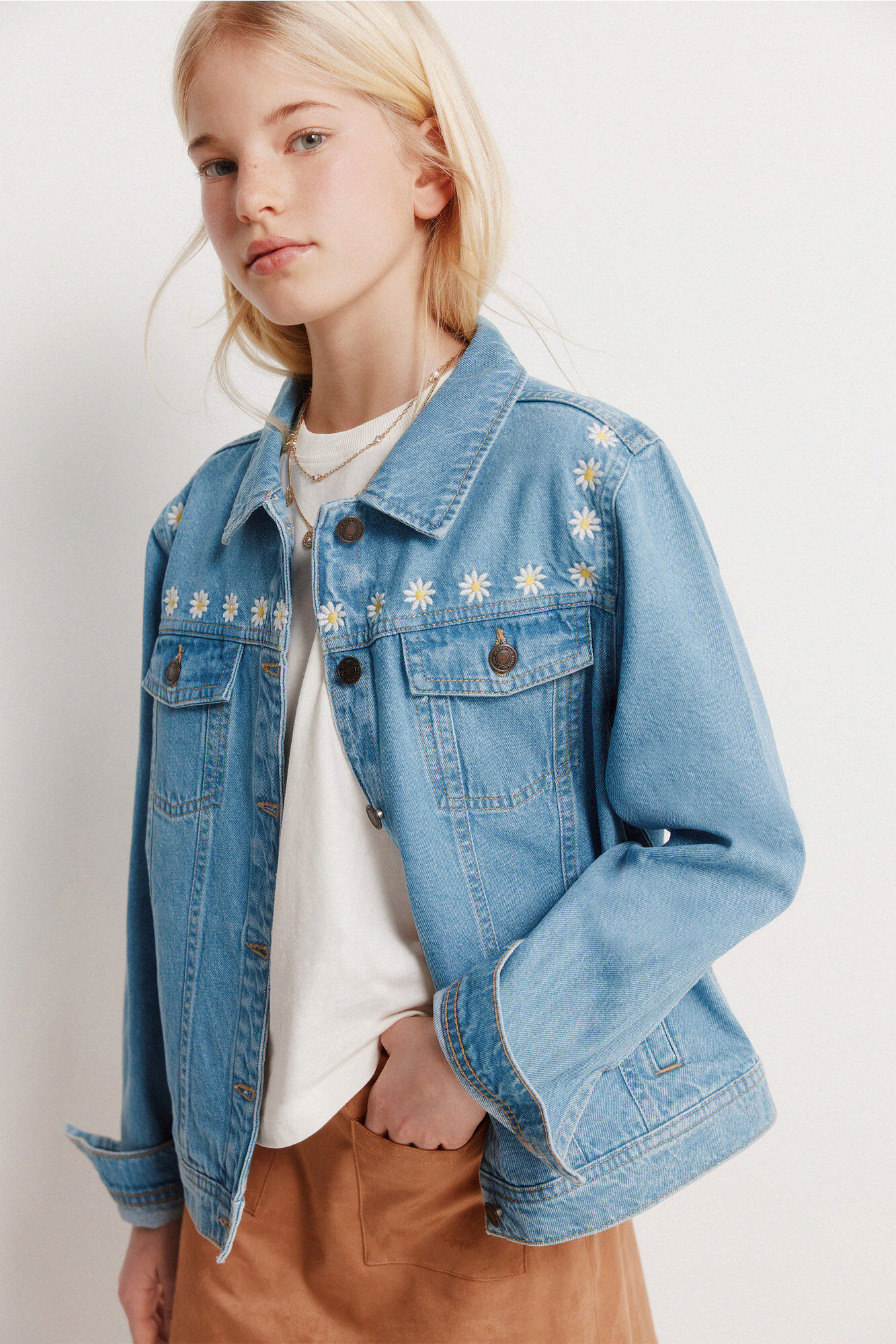 Springfield Kids Chamarra trucker para ni&ntilde;a de mezclilla con margaritas