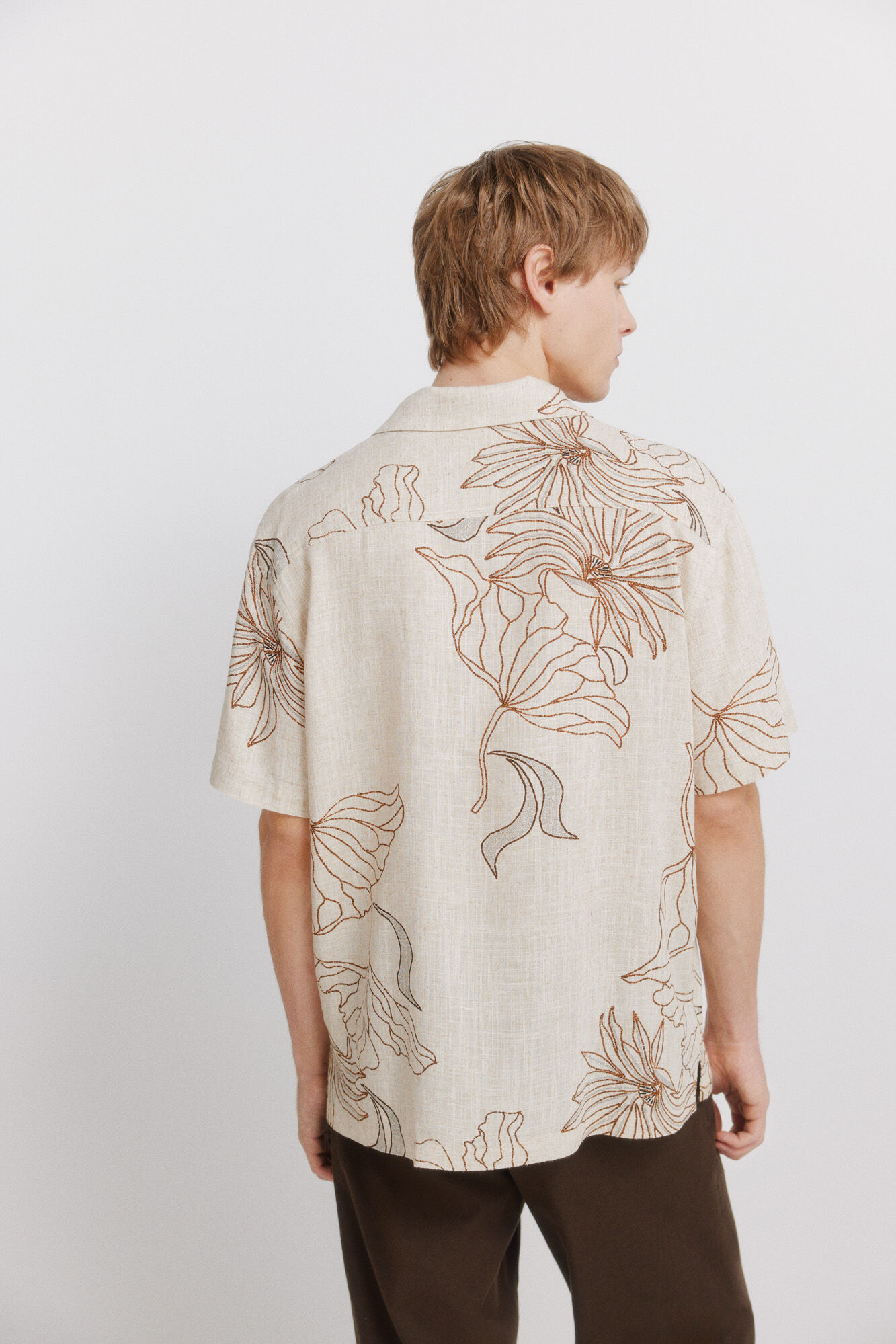 Springfield Camisa de manga corta estampada de lino y viscosa beige
