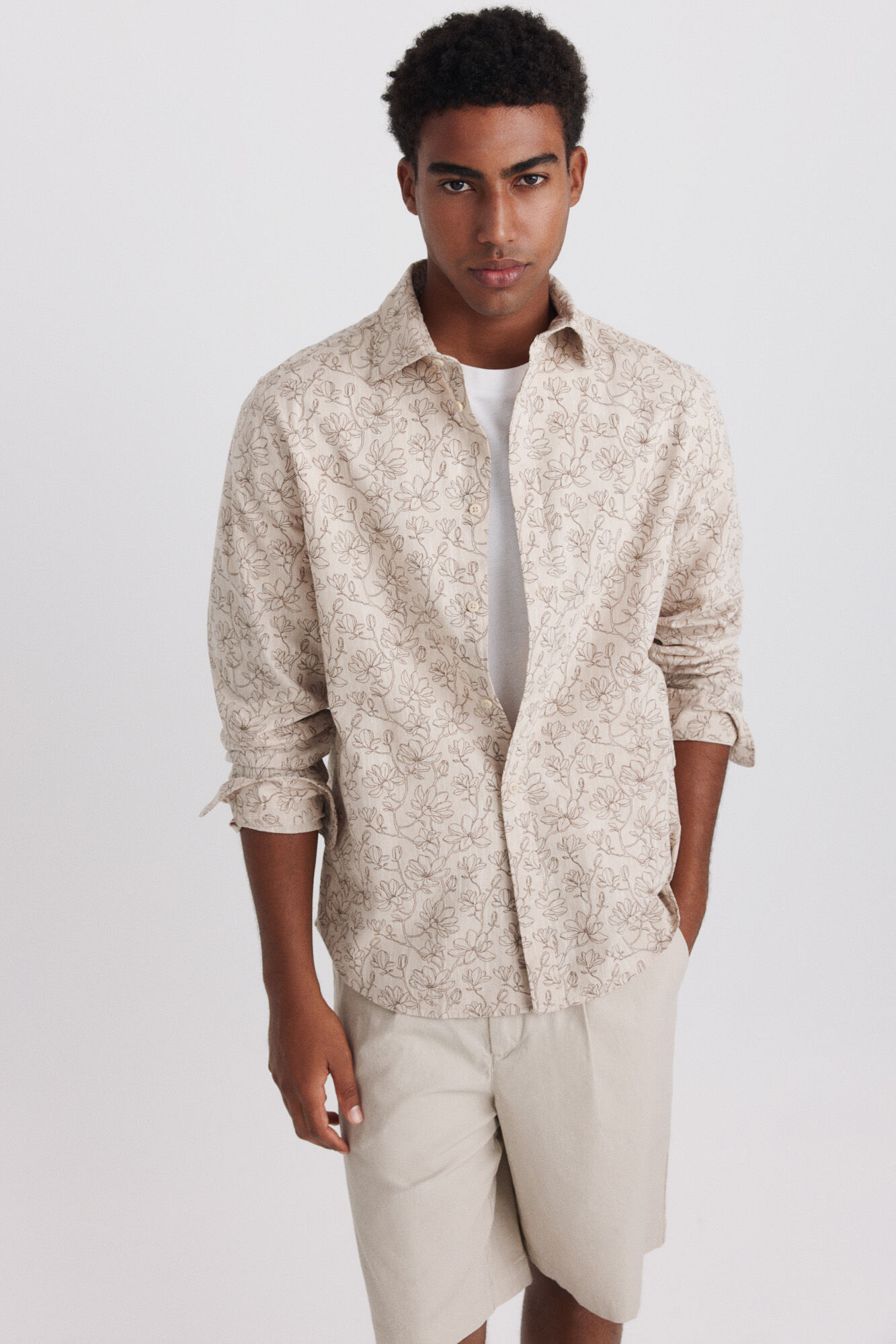 Springfield Camisa de lino a rayas beige