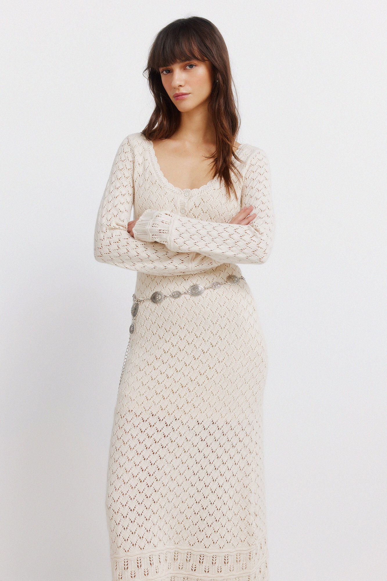 Springfield Vestido midi de tejido pointelle beige