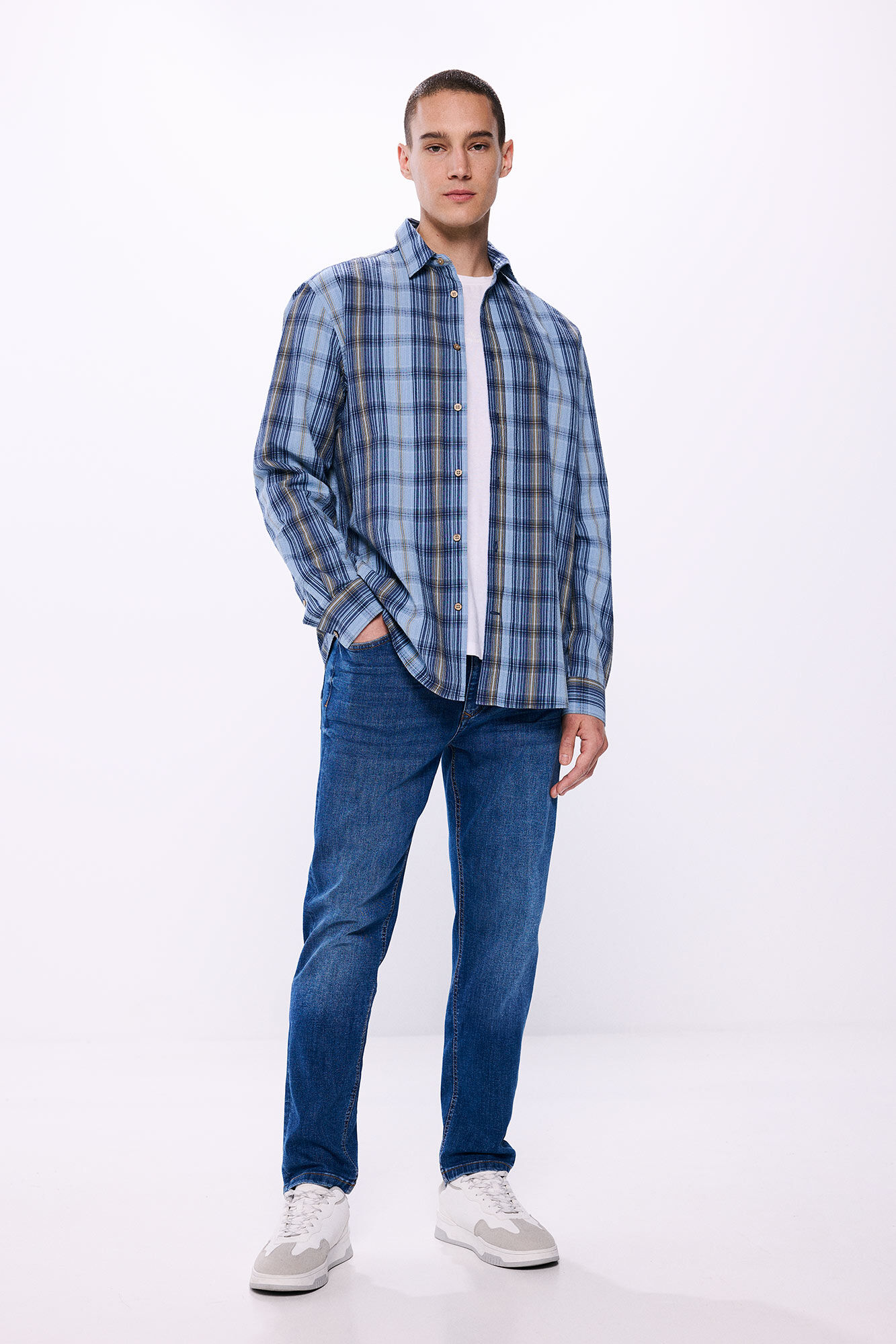 Springfield Camisa seersucker cuadros azul