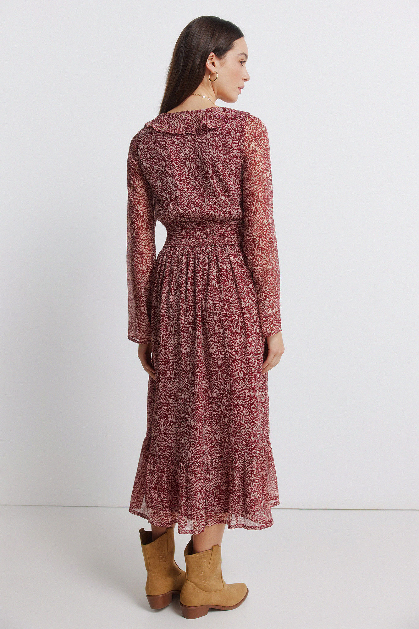 Springfield Vestido midi estampado con escote con volante p&uacute;rpura