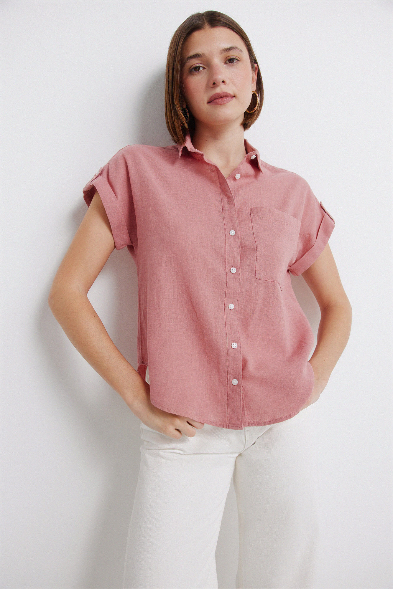 Springfield Camisa de manga corta de lino rosa