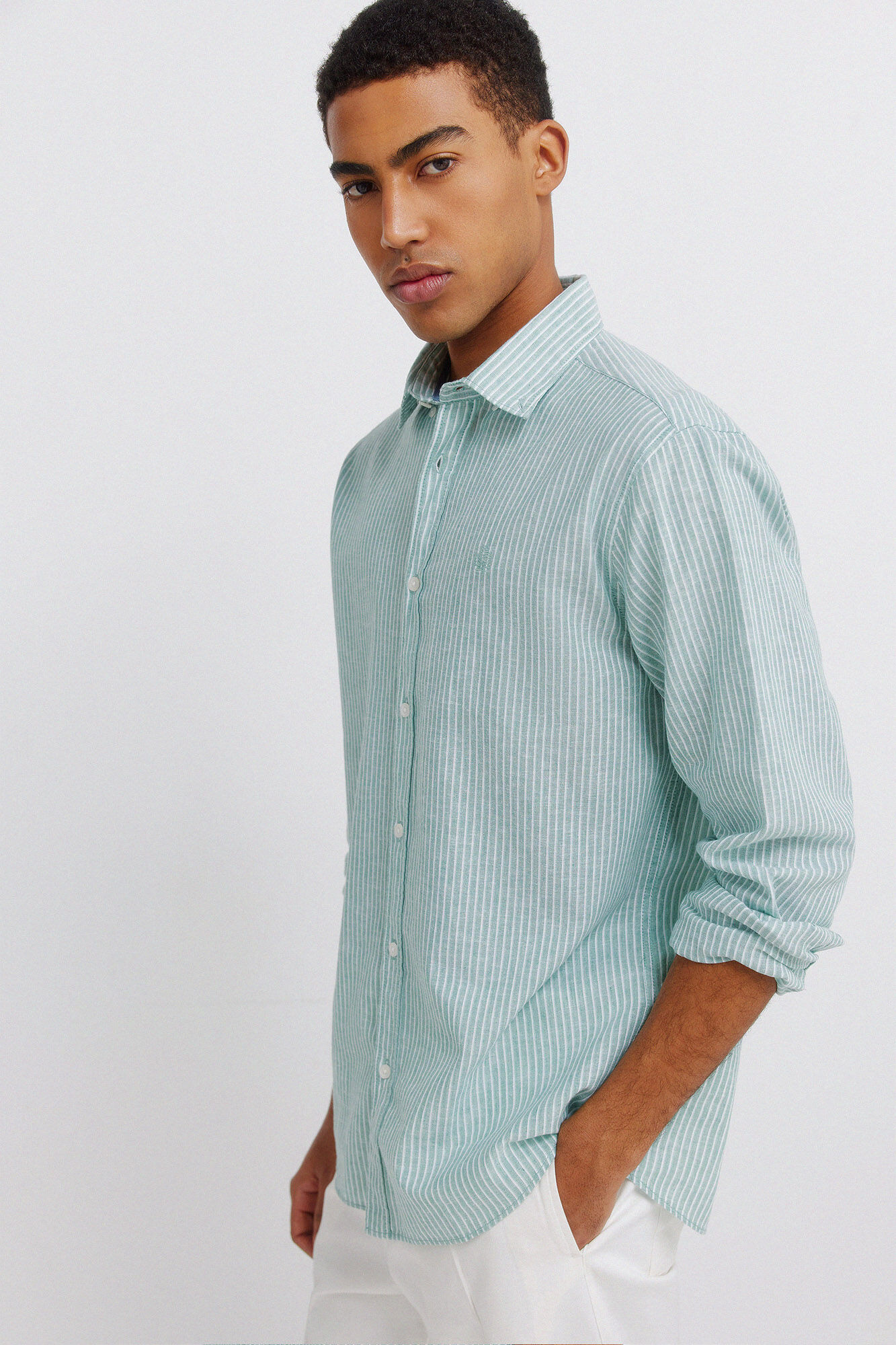 Springfield Camisa de lino a rayas verde