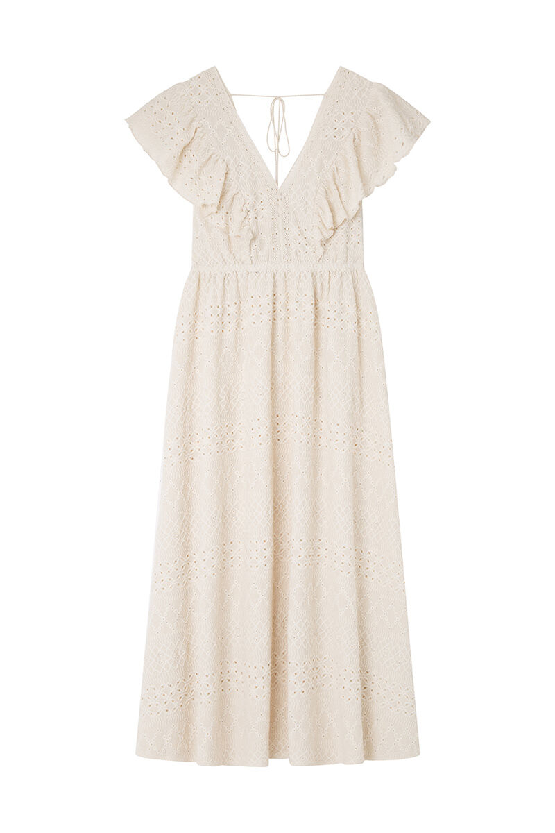 Springfield Vestido midi escote volantes bordados beige