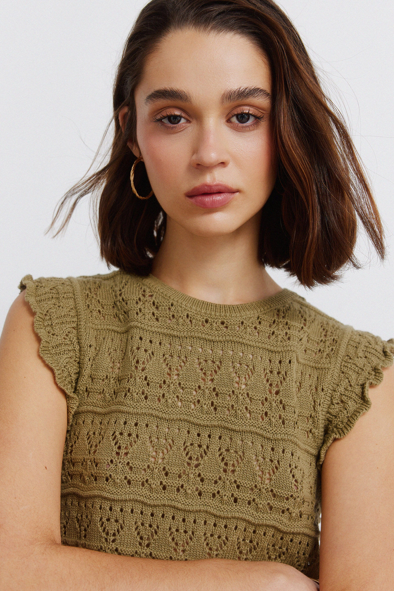 Springfield Top pointelle con volante kaki