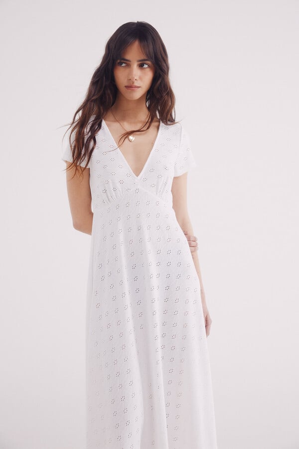 Springfield Vestido midi blanco bordado suizo natural
