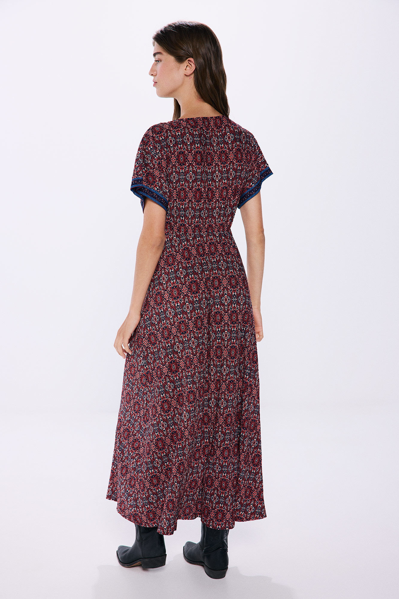 Springfield Vestido midi escote nudo estampado p&uacute;rpura