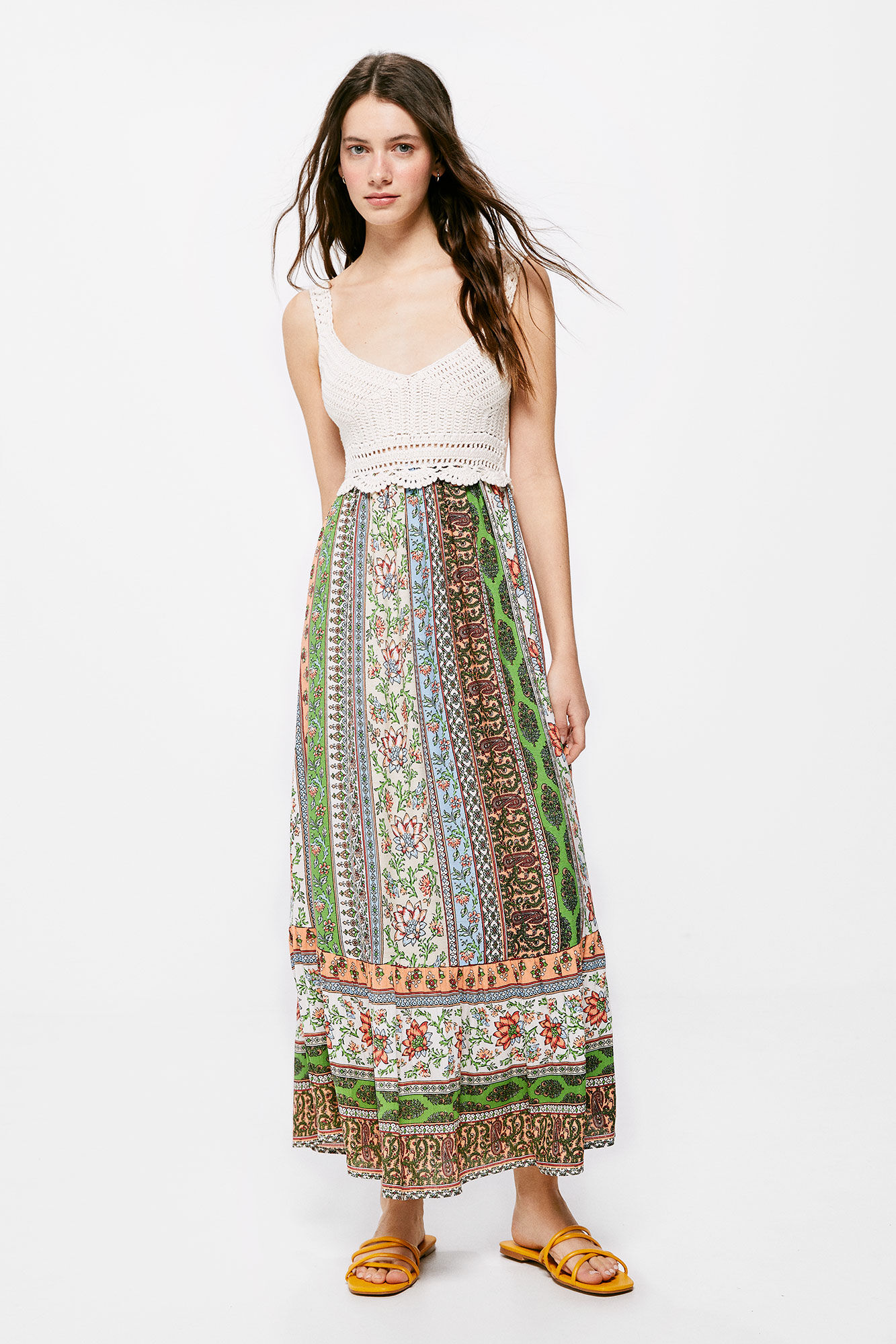 Springfield Vestido Midi Crochet Combinado beige