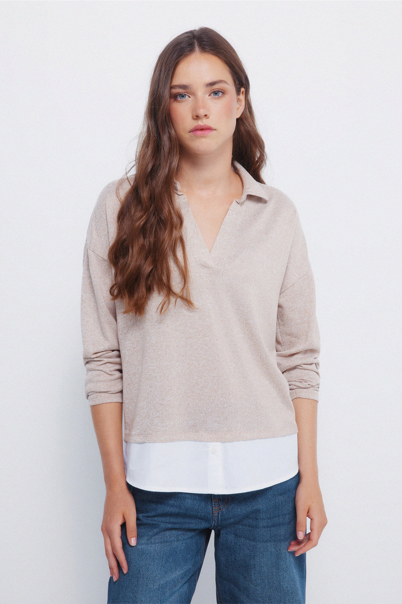 Springfield Polo de tejido de corte combinado caf&eacute;