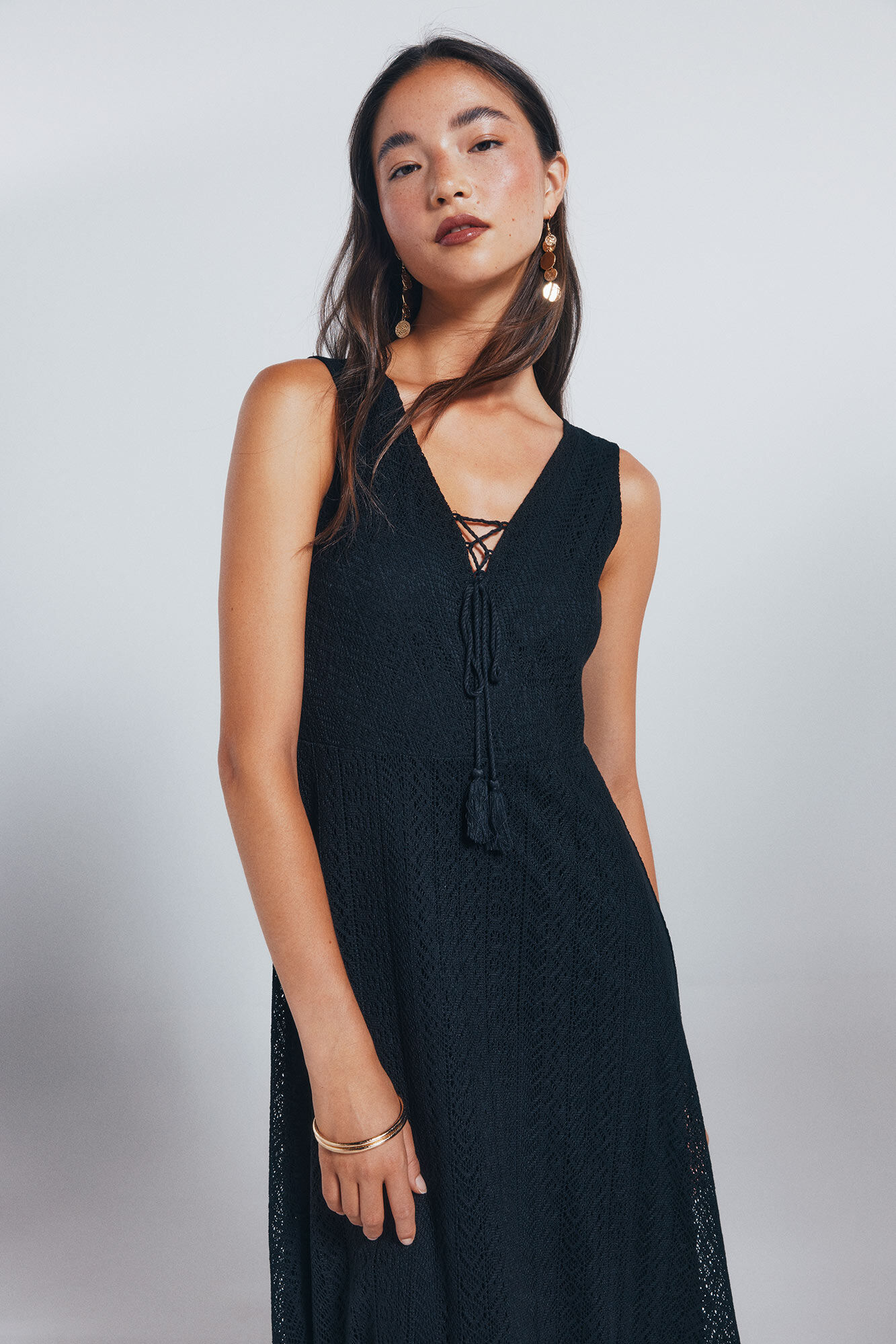 Springfield Vestido midi crochet escote lazo borlas negro