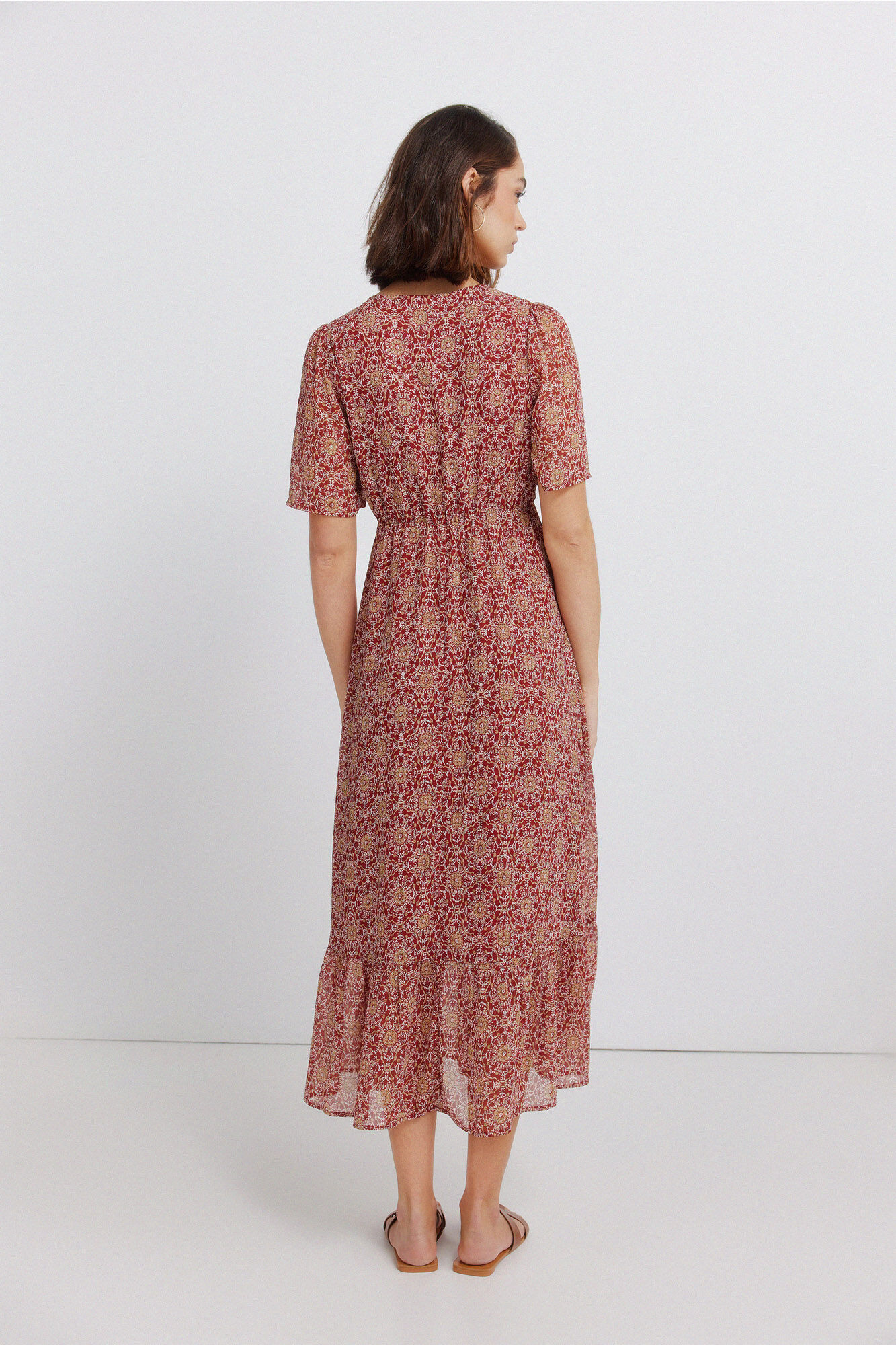 Springfield Vestido midi con estampado cenefa en el escote coral