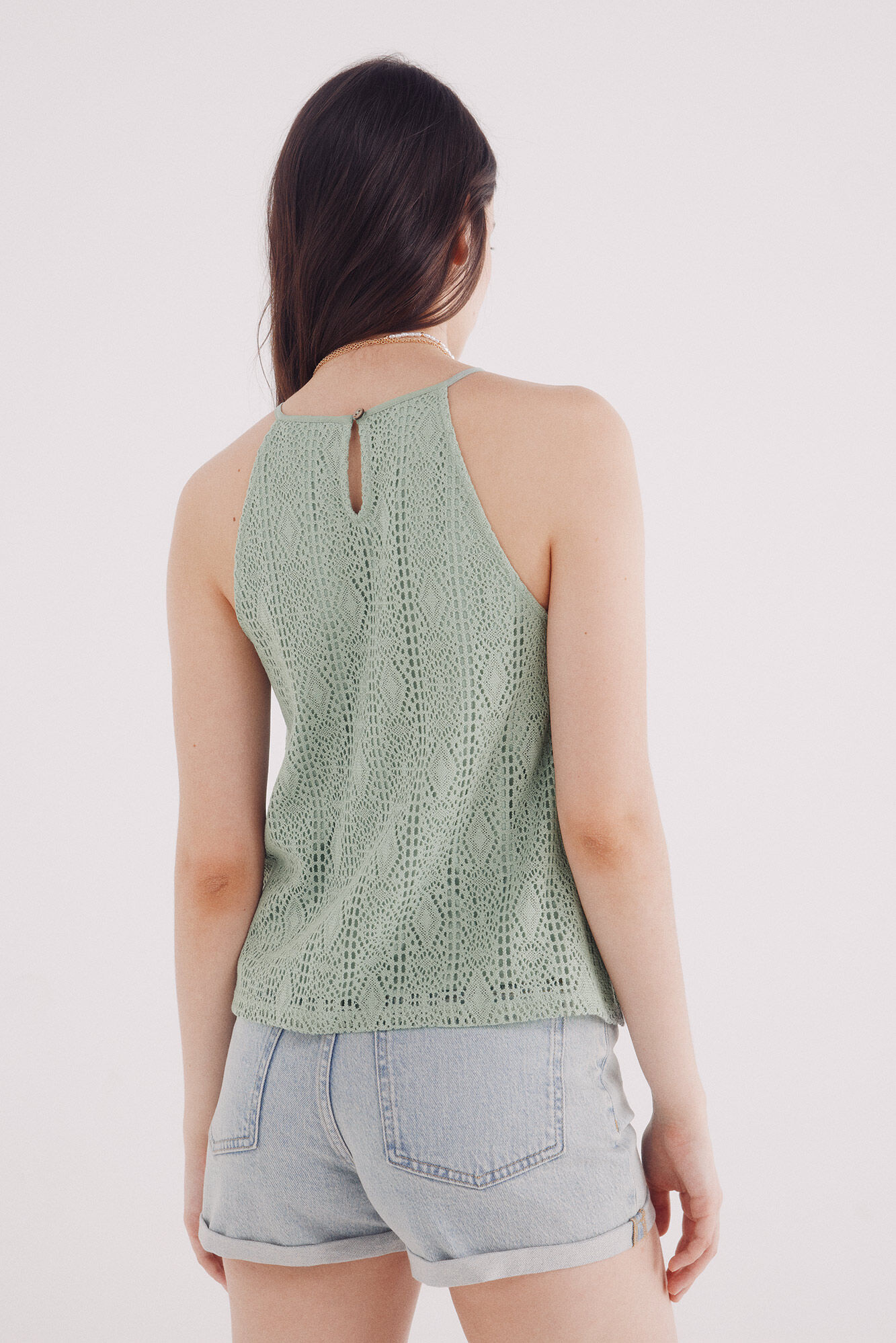 Springfield Top escote halter crochet verde