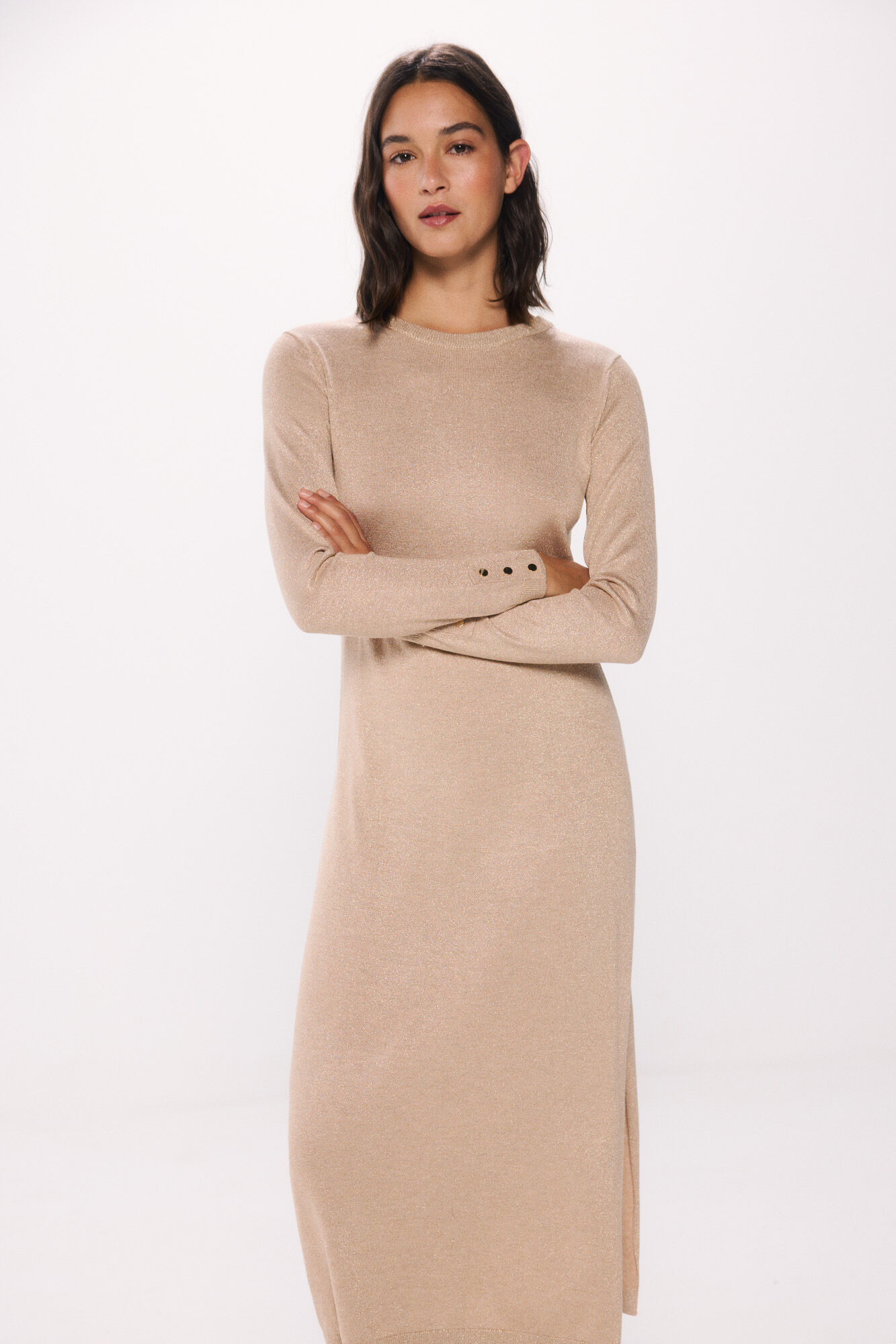 Springfield Vestido punto midi botones pu&ntilde;os caf&eacute;