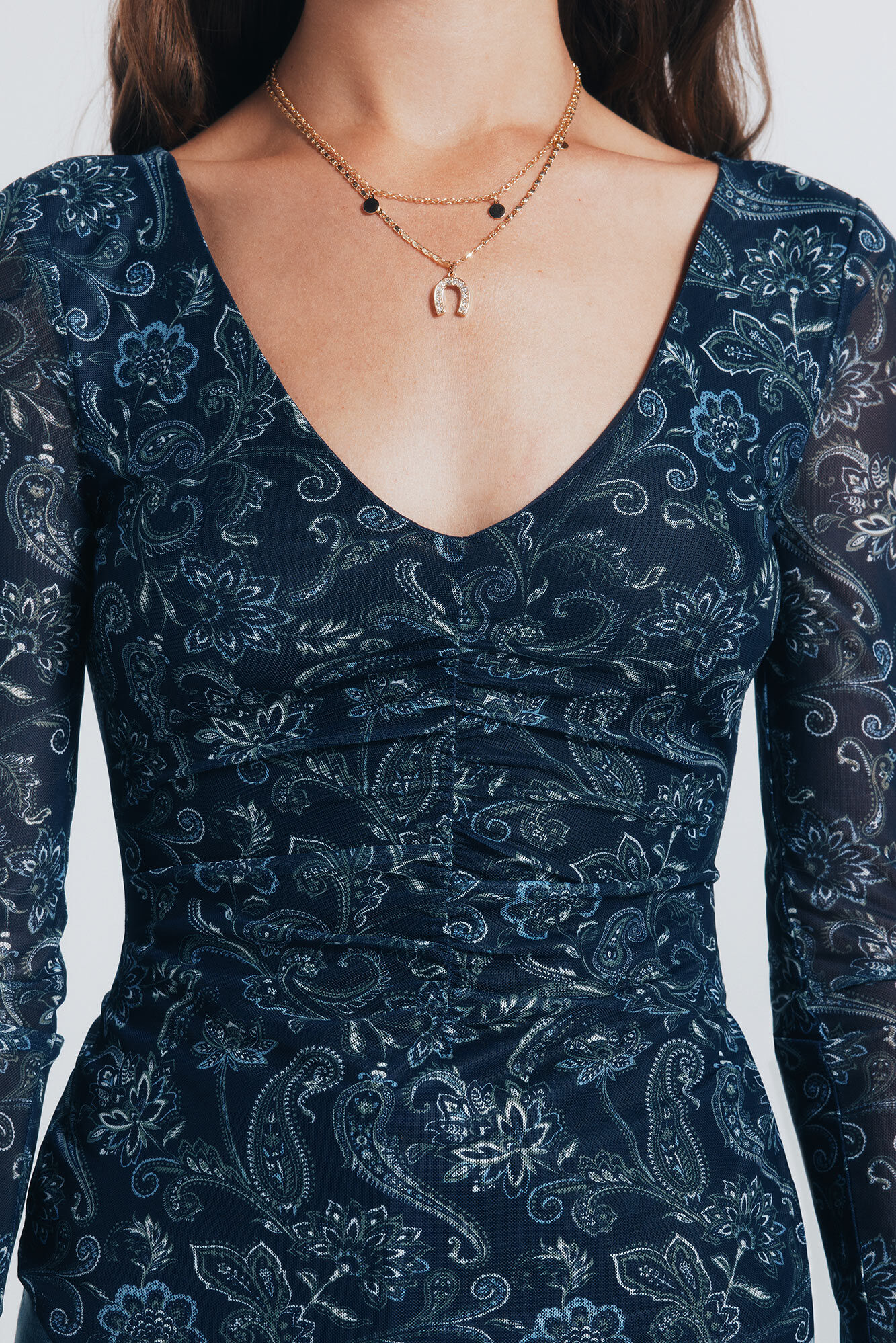 Springfield Playera gasa escote frunces estampada azulado