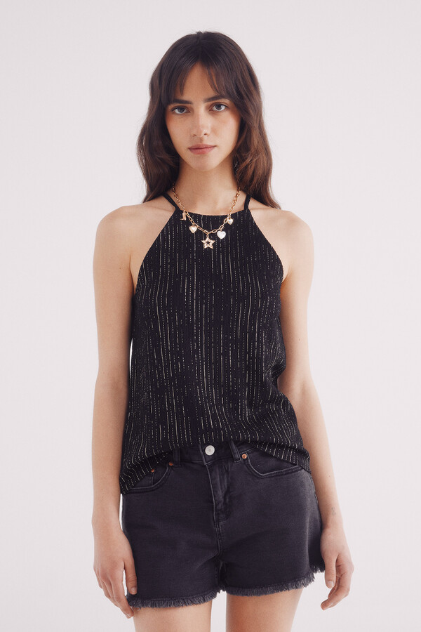 Springfield Top de cuello cuello halter con hilo dorado negro