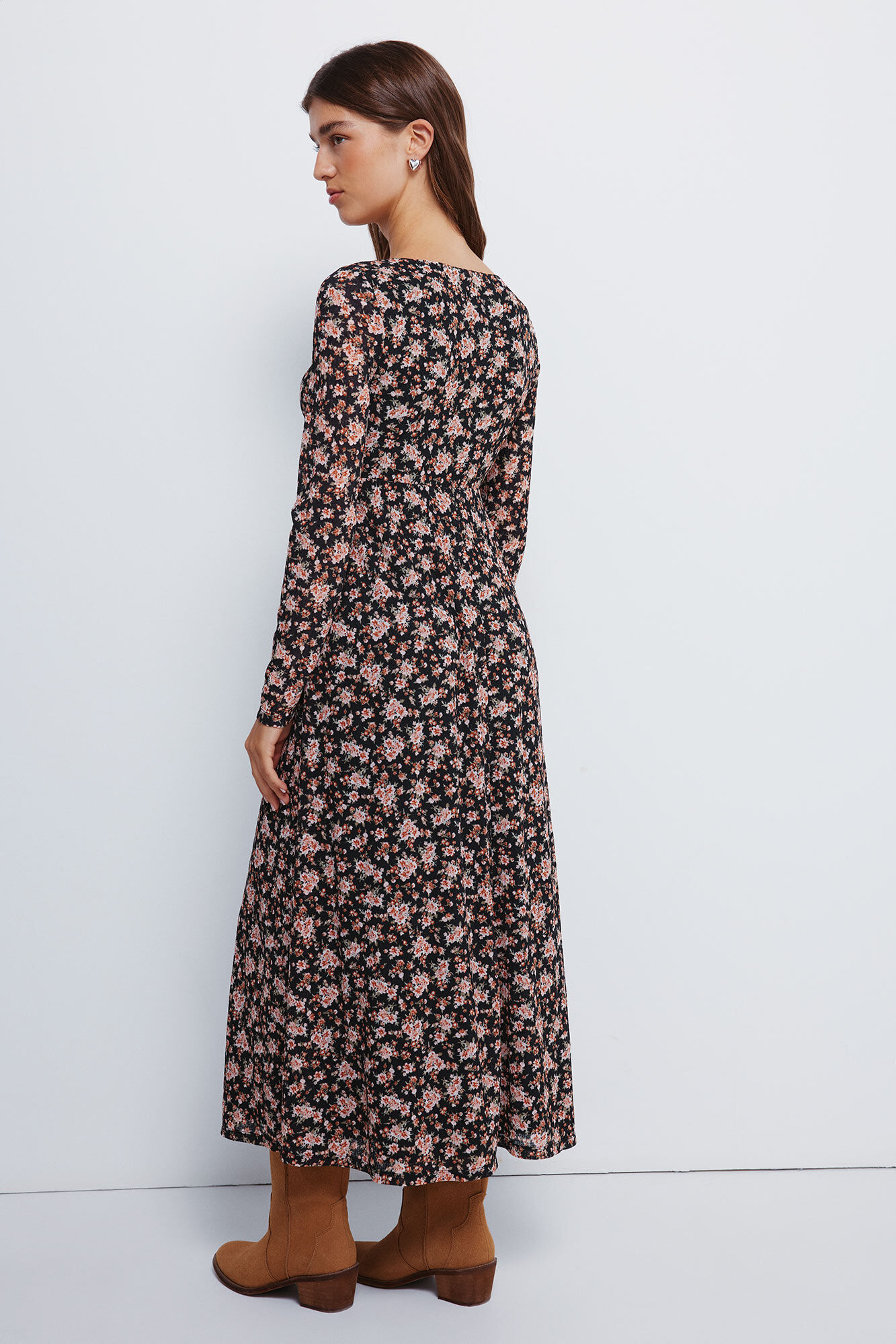 Springfield Vestido midi floral con escote o lazo en el escote negro