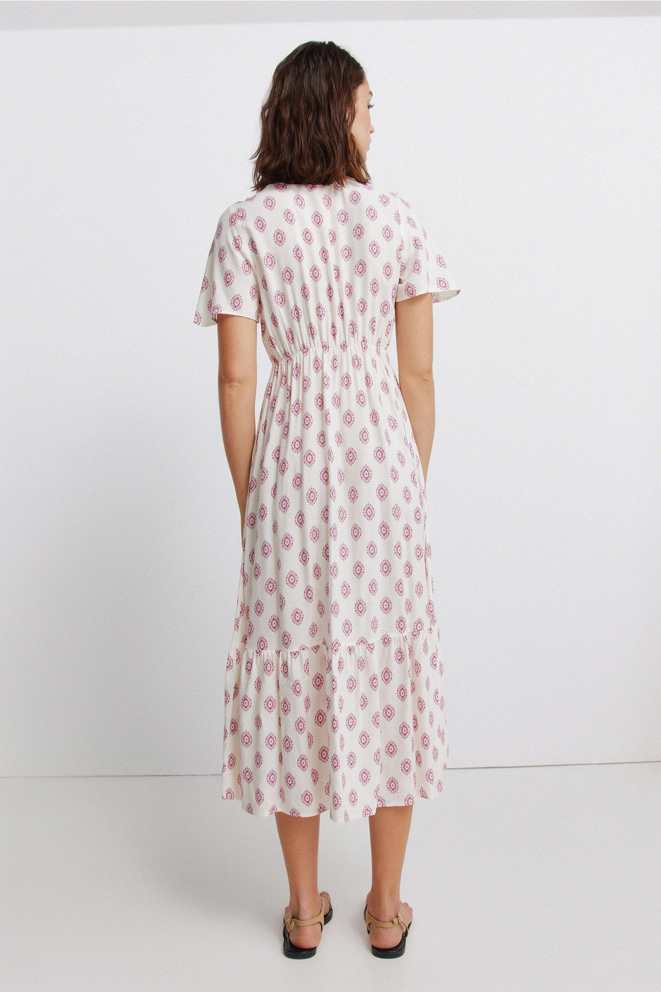 Springfield Vestido midi de encaje de manga corta blanco