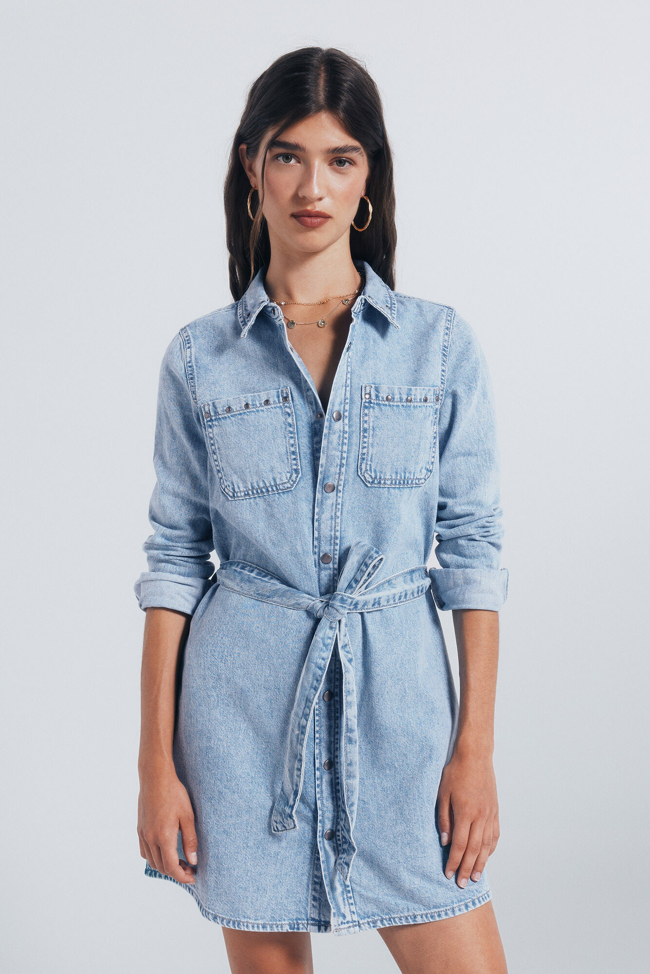 Springfield Vestido denim camisero tachuelas azul