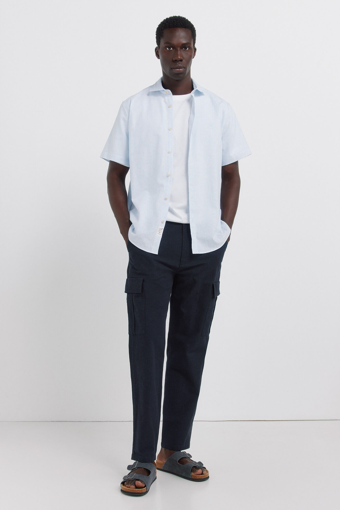 Springfield Camisa de manga corta de lino con micro rayas azul indigo