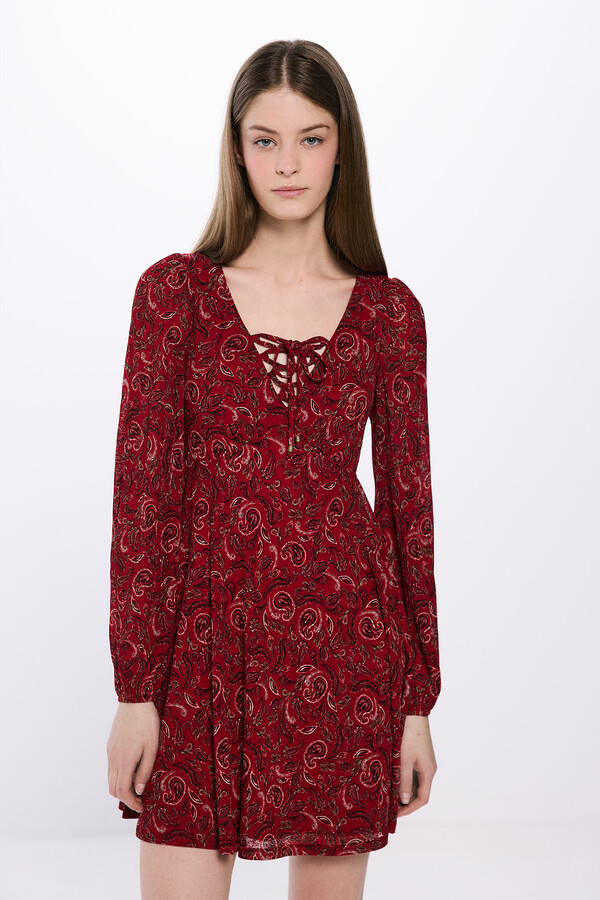 Springfield Vestido corto escote zigzag estampado rojo