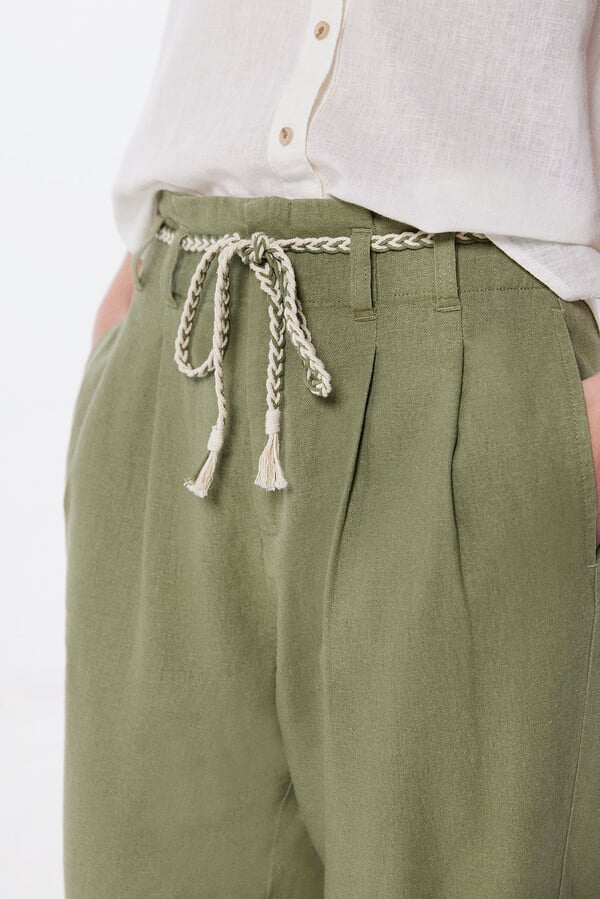 Springfield Pantalón cinturón cordón lino verde