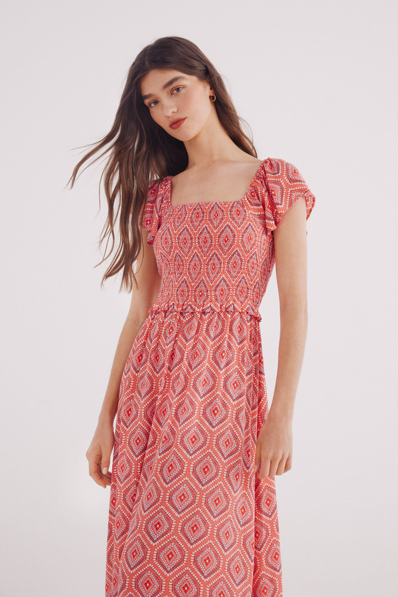 Springfield Vestido midi estampado cuerpo smock coral
