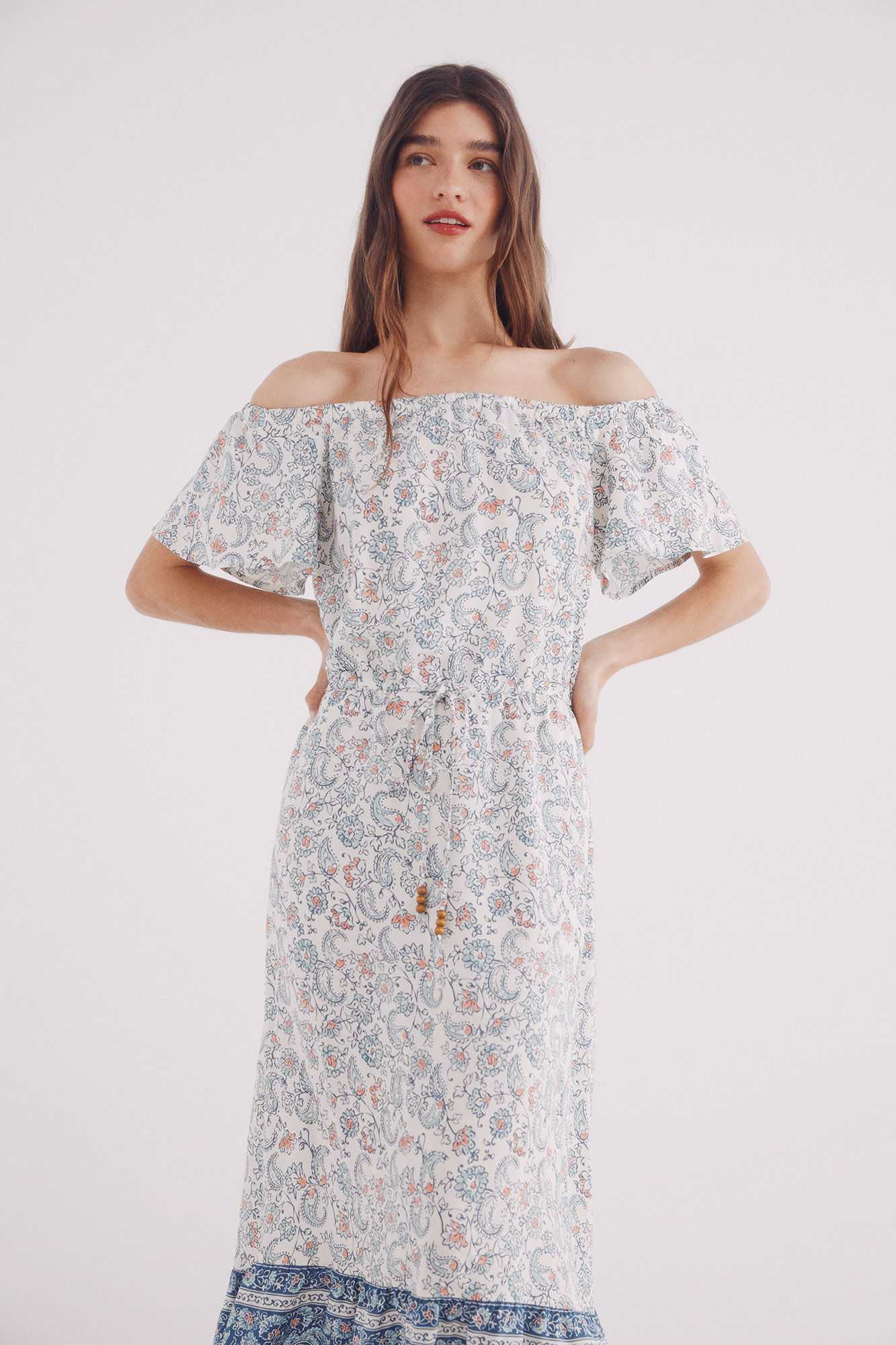 Springfield Vestido midi estampado escote hombros marfil