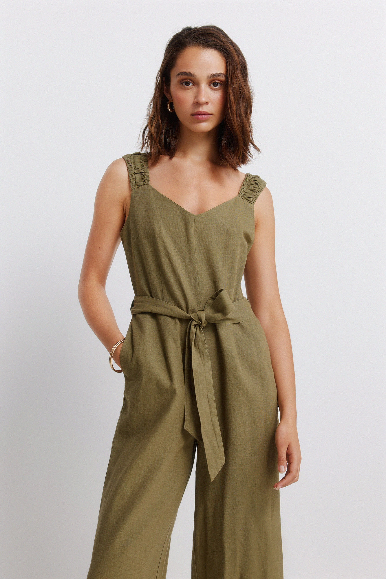 Springfield Jumpsuit de lino con tirantes el&aacute;sticos kaki