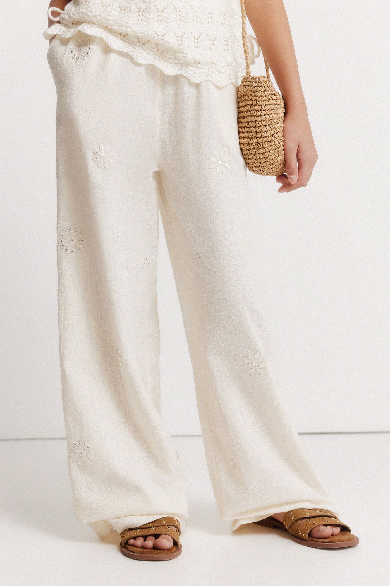 Springfield Kids Pantal&oacute;n fluido con bordados para ni&ntilde;a caf&eacute;