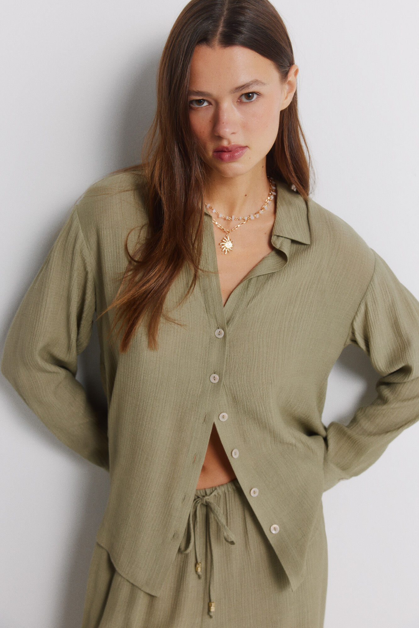 Springfield Camisa de manga larga a rayas kaki