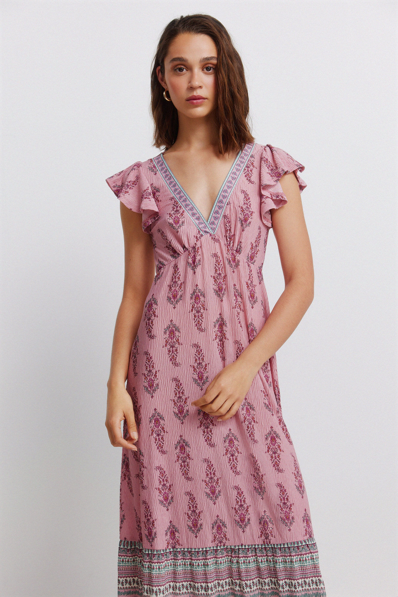 Springfield Vestido midi con volantes estampado cenefa morado/lila