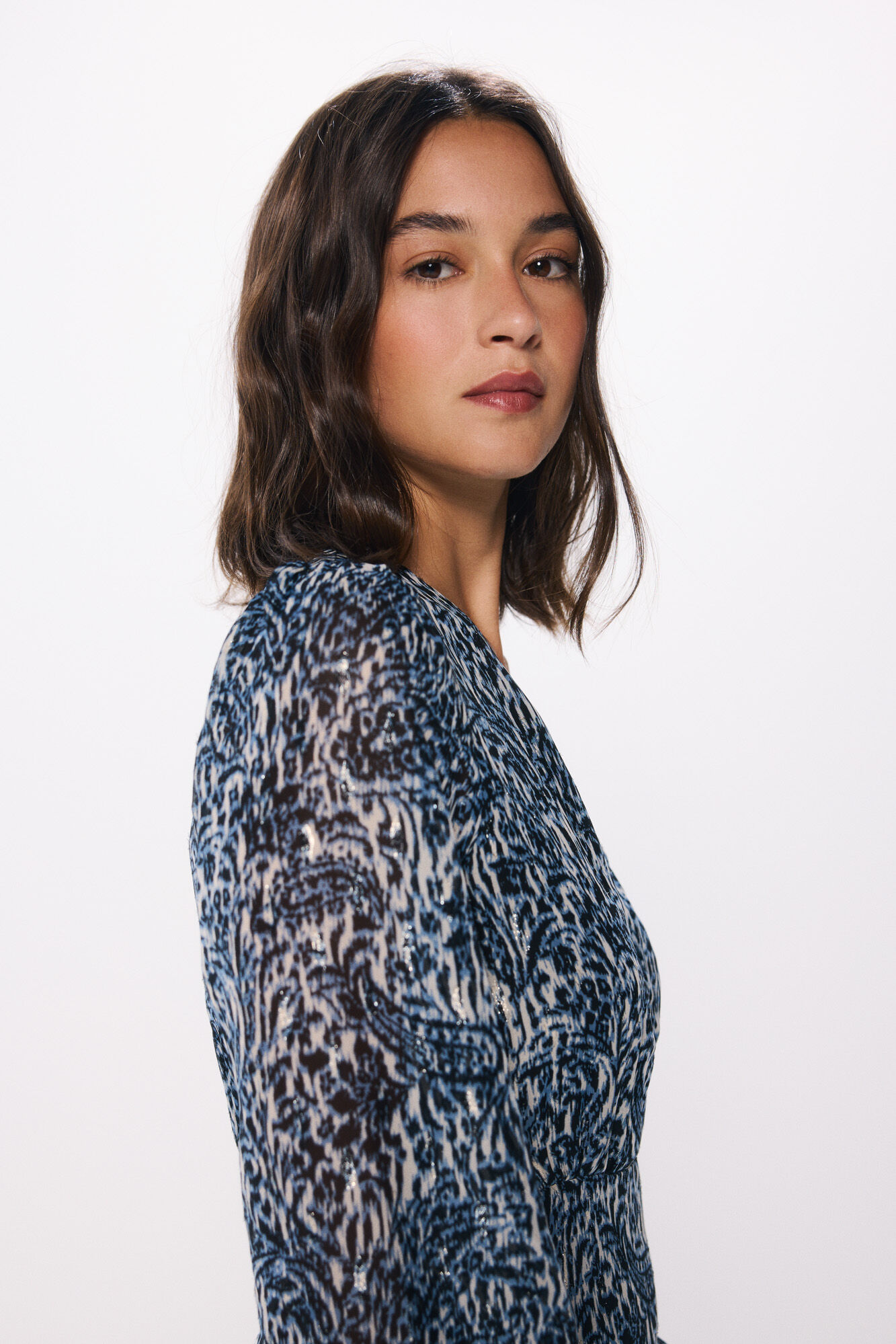 Springfield Vestido corto gasa estampado lurex azul