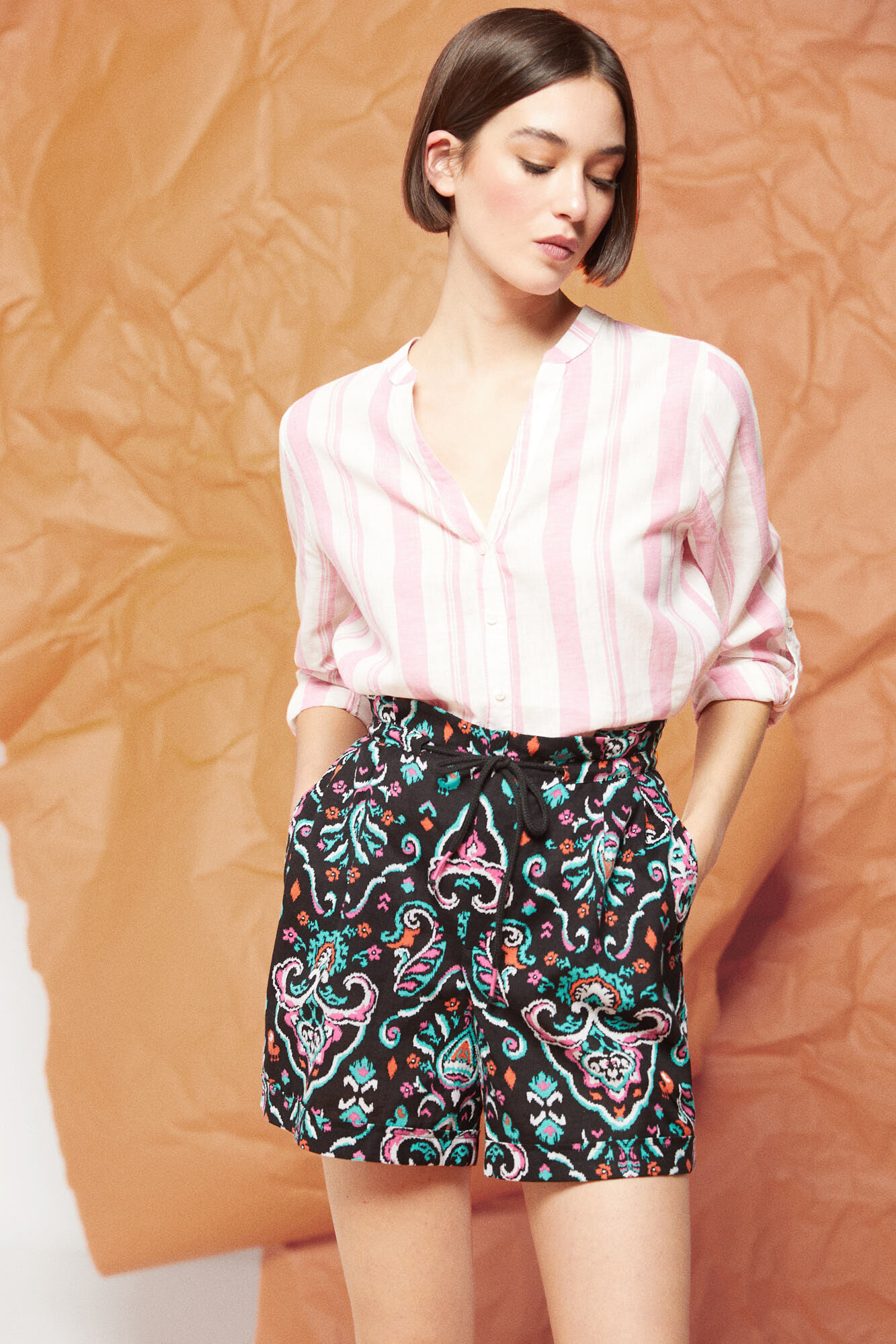 Springfield Short Estampado Lino Algod&oacute;n negro