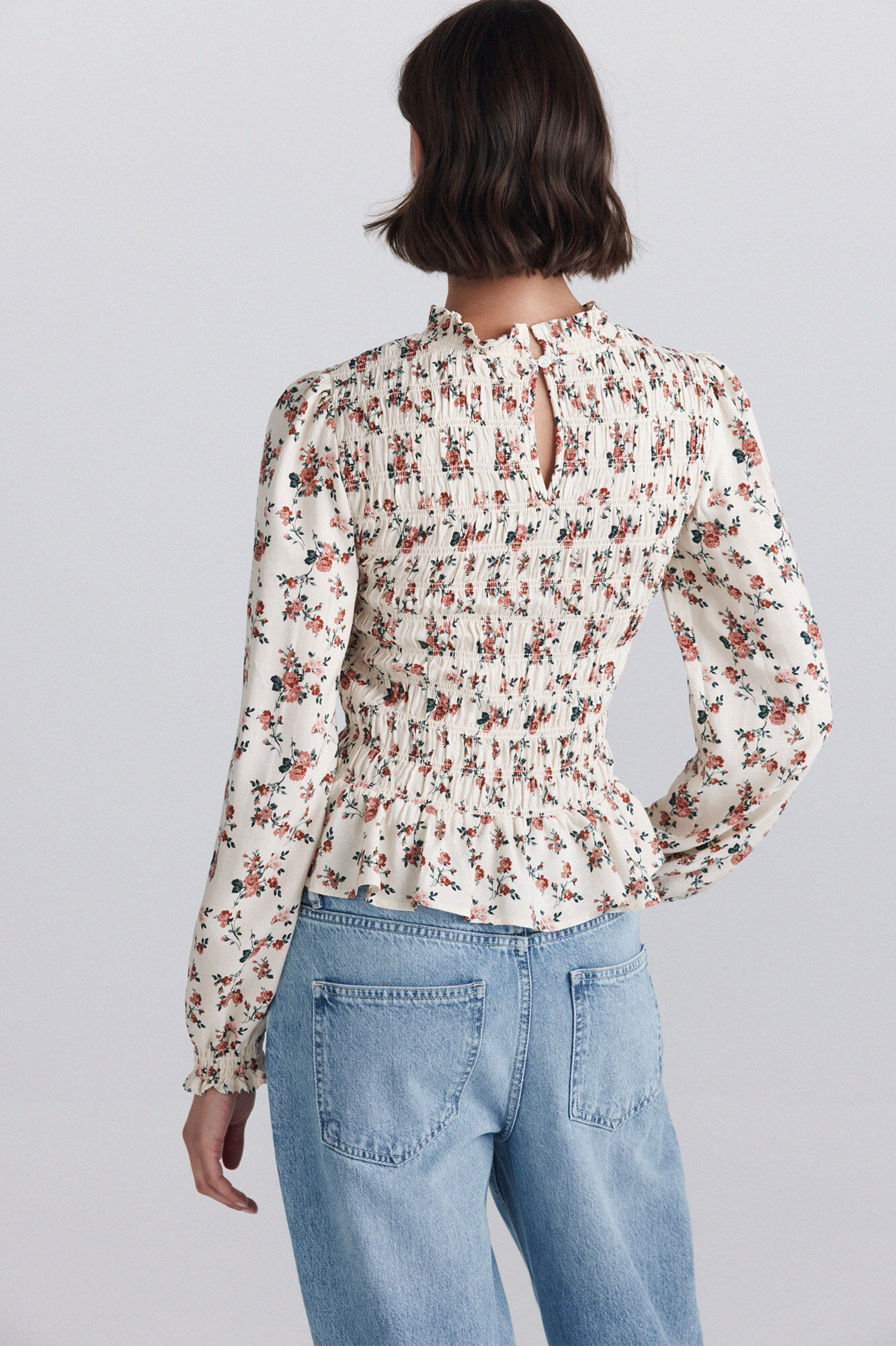 Springfield Blusa de nido de abeja con flores beige