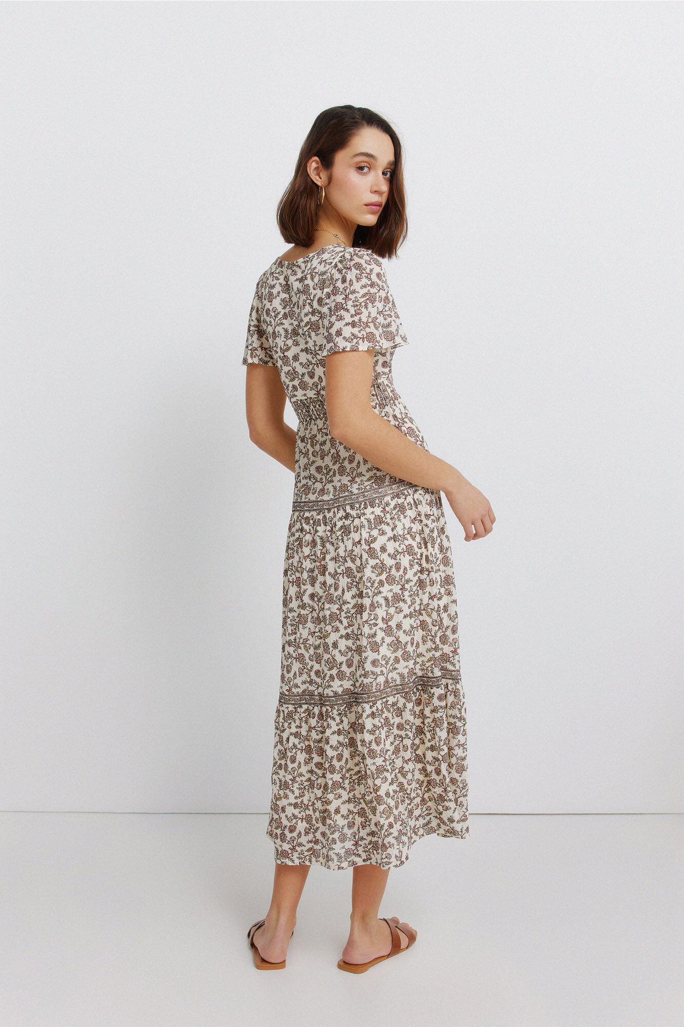 Springfield Vestido midi estampado cenefa beige